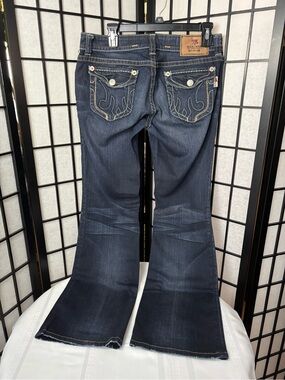 MEK Buckle Dark Blue Wide Leg Jeans with Embroidered Back Pockets - Size 30x32
